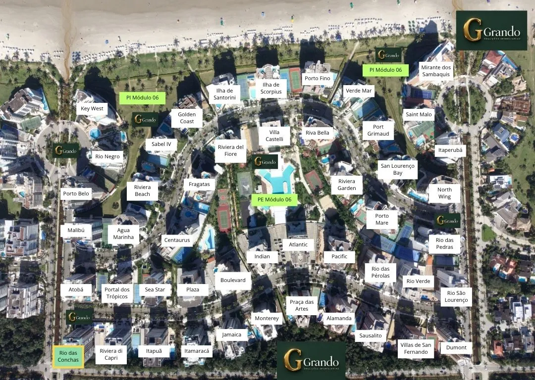 Mapa do Módulo 06 da Riviera de São Lourenço com o Edifício Rio das Conchas em destaque