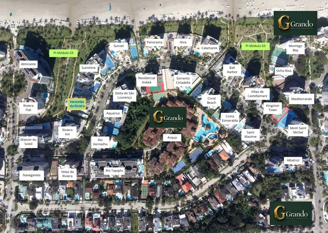 Mapa do Módulo 03 da Riviera de São Lourenço com o Edifício Varandas da Riviera em destaque