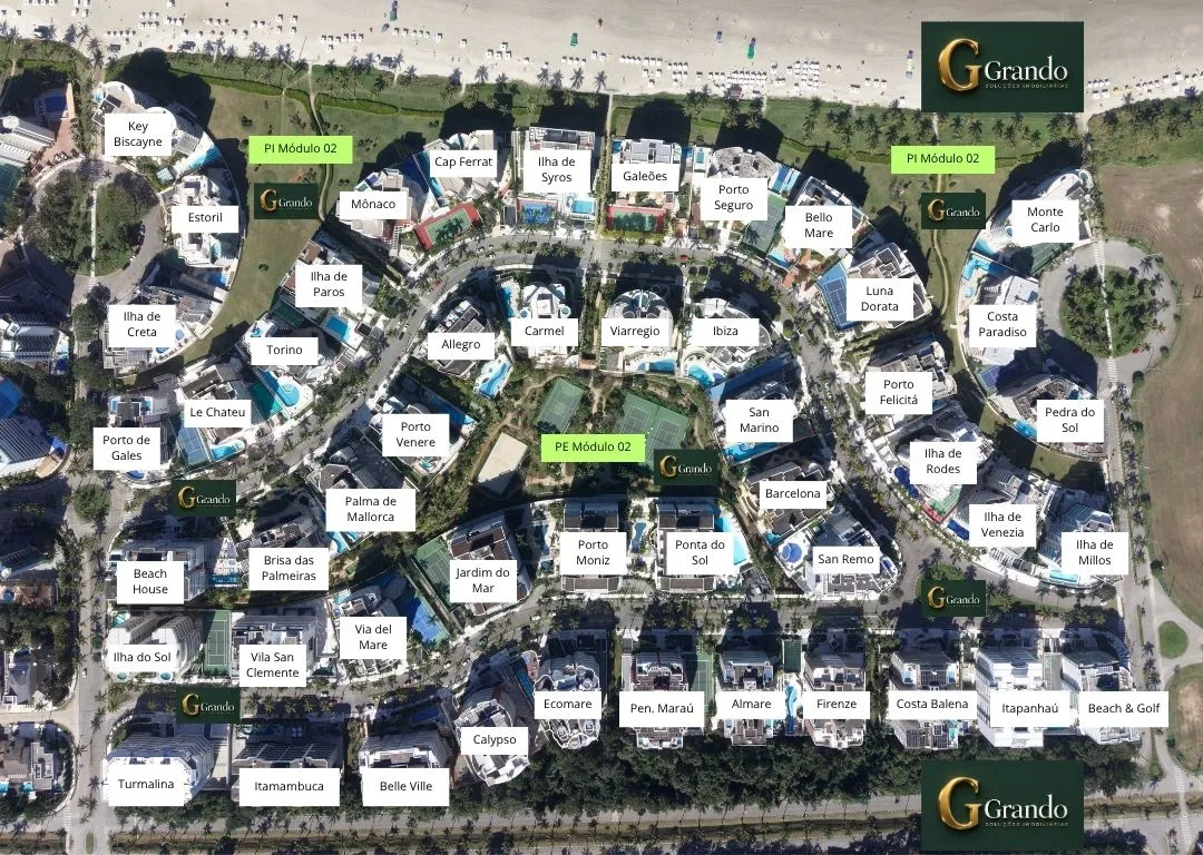 Mapa do Módulo 02 da Riviera de São Lourenço com a localização de cada edifício