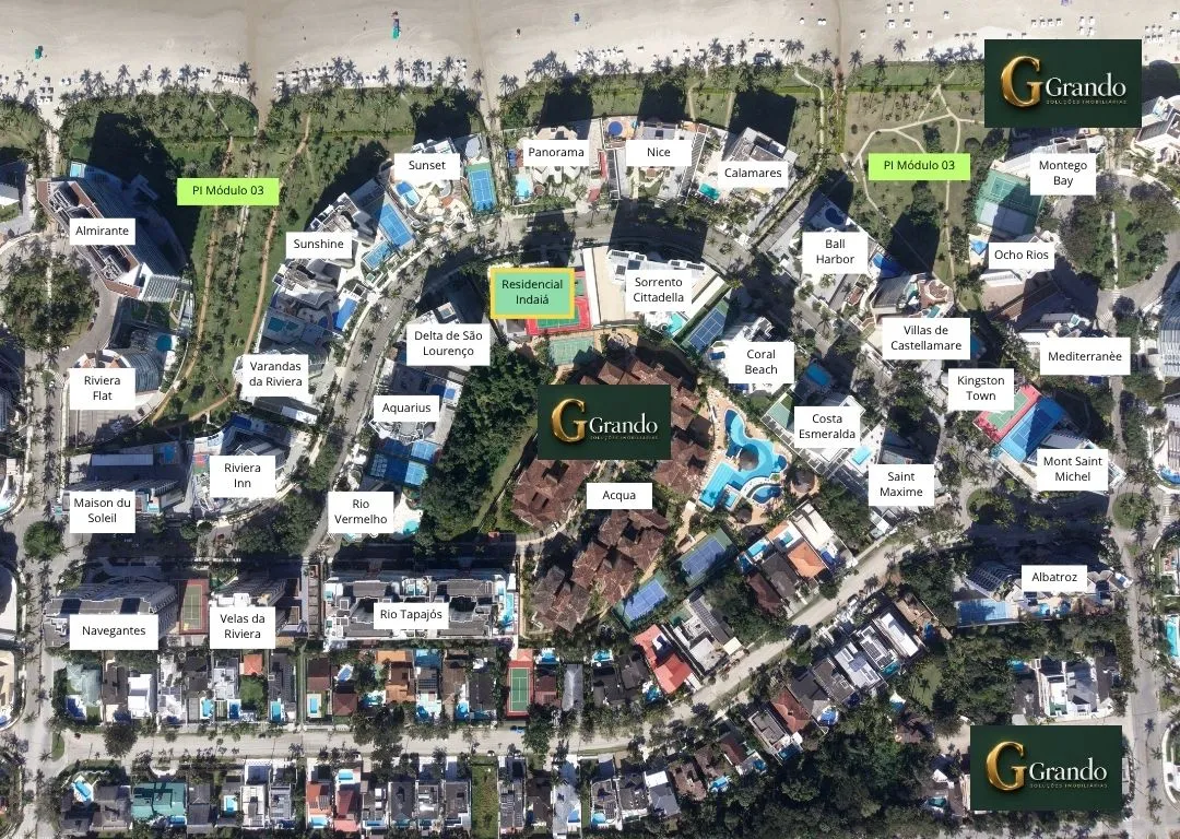 Mapa do Módulo 03 da Riviera de São Lourenço com o Edifício Indaiá em destaque