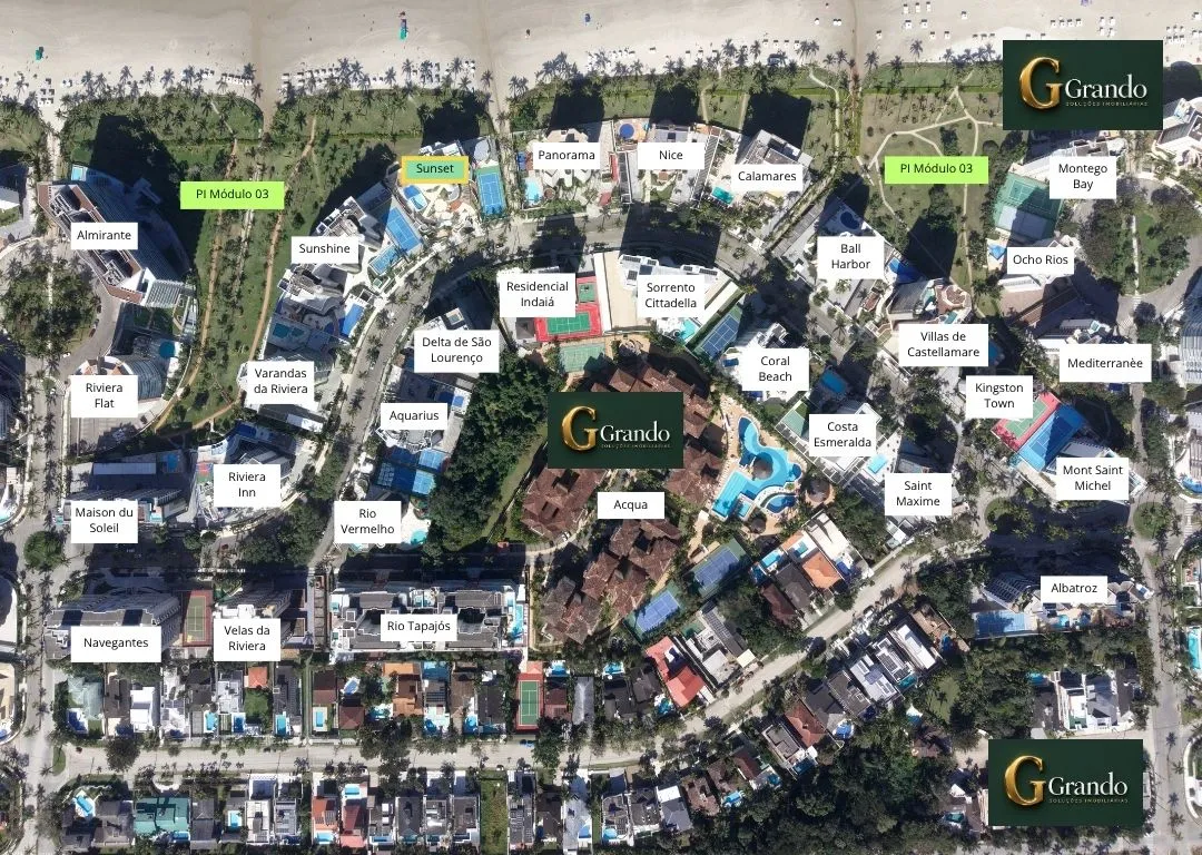 Mapa do Módulo 03 da Riviera de São Lourenço com o Edifício Sunset em destaque