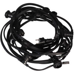 Zwart lichtsnoer met E27-fittingen, beschikbaar in 5 m, 10 m en 25 m, geschikt voor gebruik buitenshuis.