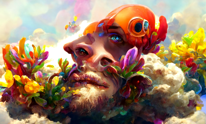 Volto surreale circondato da flora colorata