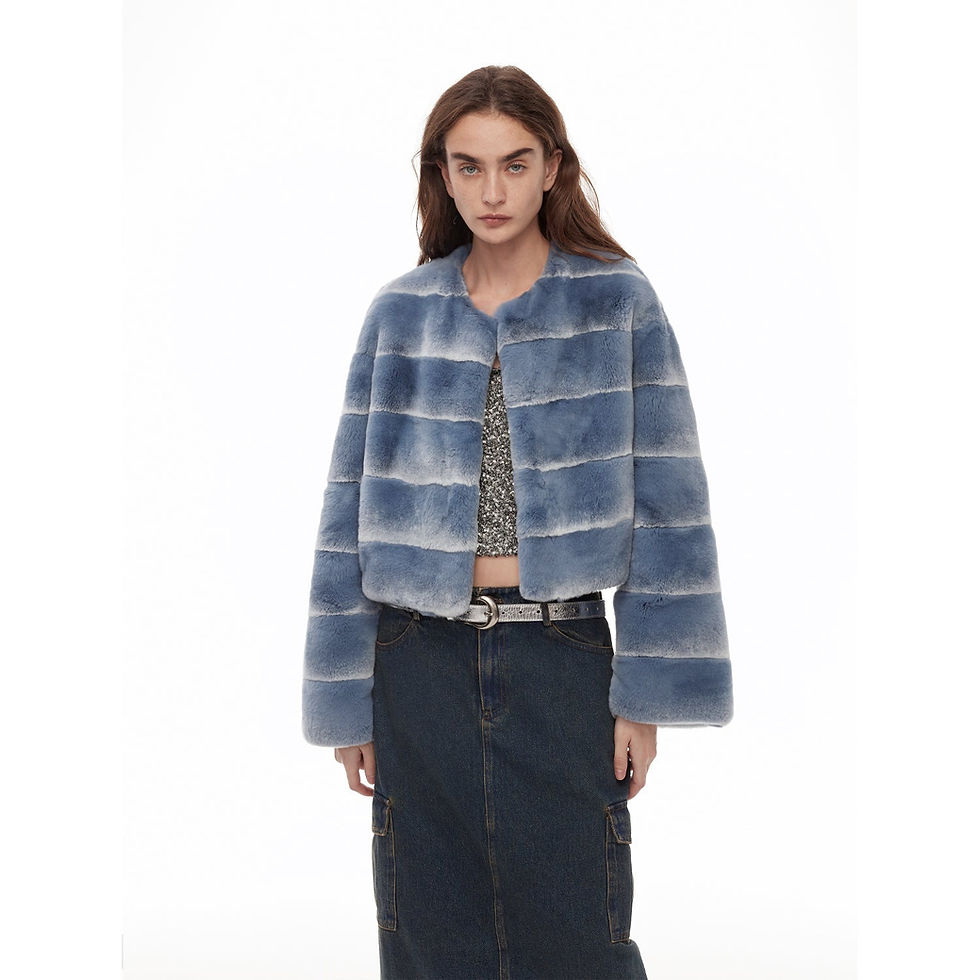 Thumbnail: Denim Blue Rex Rabbit Fur Cropped Jacket