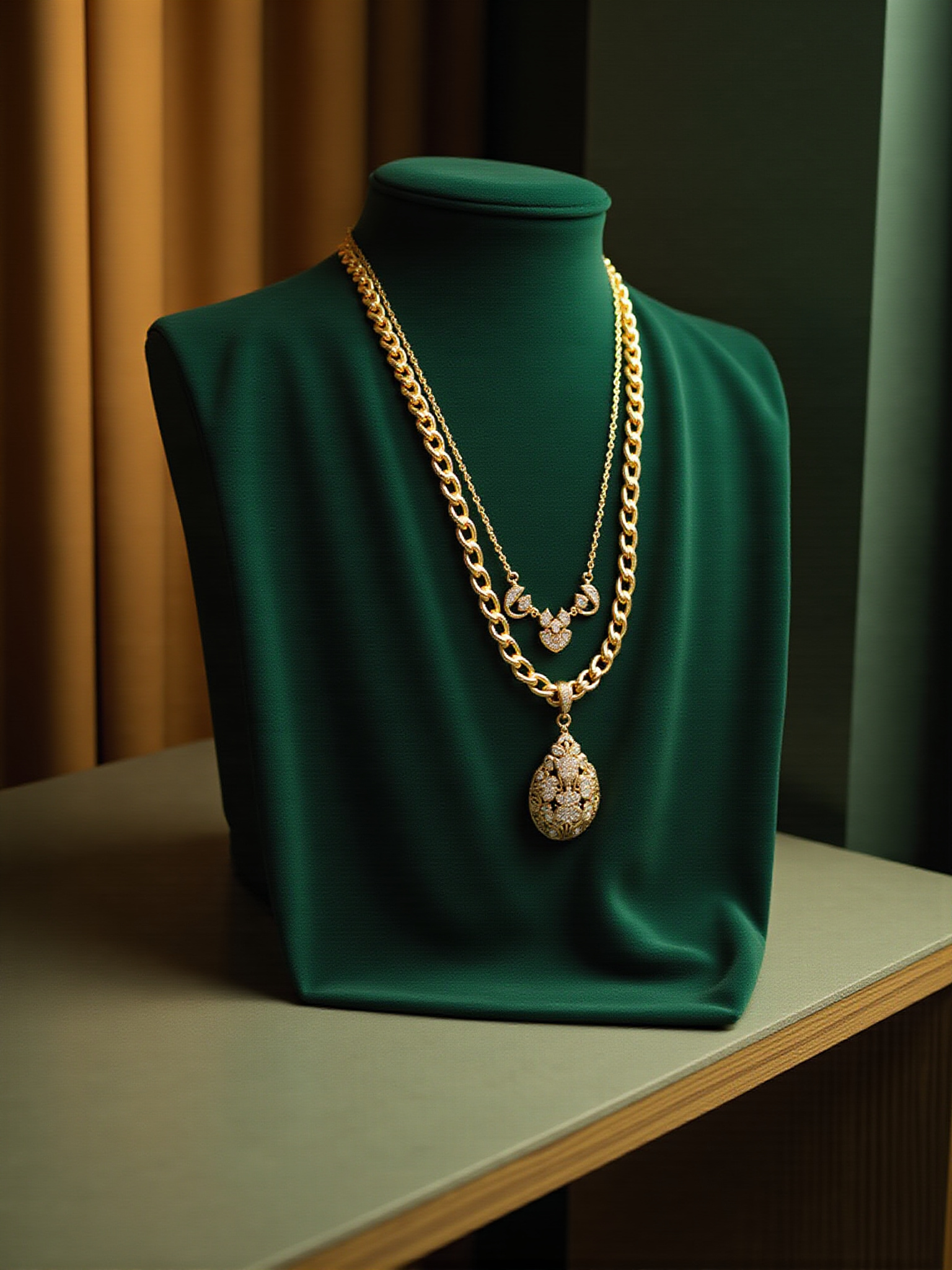 Gold necklaces on a green bust, showcasing jewelry design and Hummingbird Glow