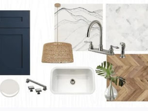 Blue cabinet door, veined quartz countertop, faucet, undermount sink, wood herringbone style floor