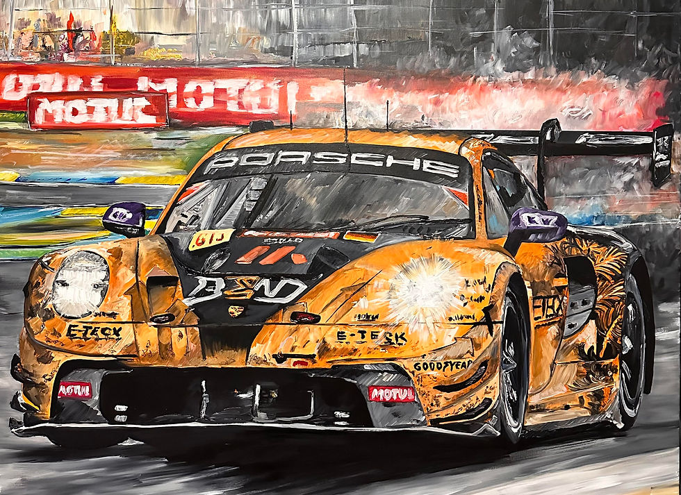 Porsche 911 RSR GTE – Le Mans (2024)
Œuvre en technique mixte représentant la Porsche 911 RSR engagée au Mans, avec sa livrée orange marquée par la course. Les textures, traces d’impact et contrastes dynamiques restituent l’intensité des 24 Heures et la présence agressive de cette GT d’endurance.
Porsche 911 RSR GTE – Le Mans (2024)
Mixed-media artwork depicting the Porsche 911 RSR competing at Le Mans, featuring its battle-marked orange livery. The textured strokes, impact marks and dynamic contrasts capture the intensity of endurance racing and the fierce presence of this GT machine.