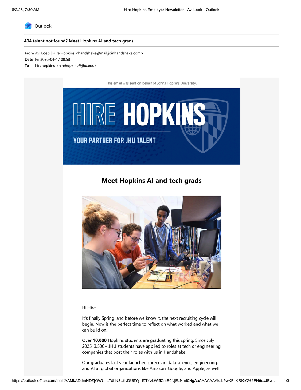 Newsletter: Talent not found Meet Hopkins AI and tech grads