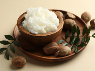 a display of raw shea butter surrounded by shea nuts