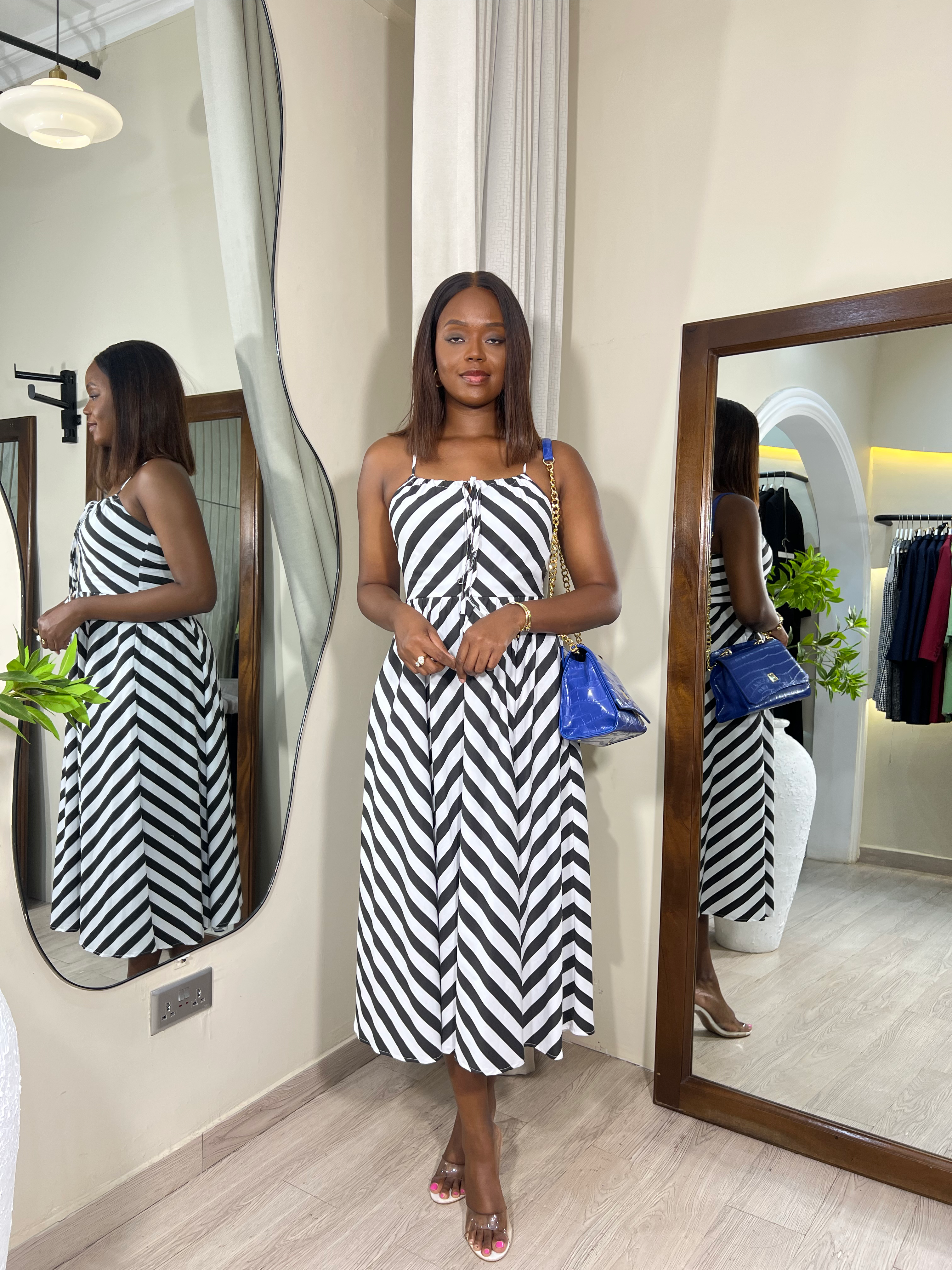 BLACK & WHITE CROSS-BACK STRIPED DRESS