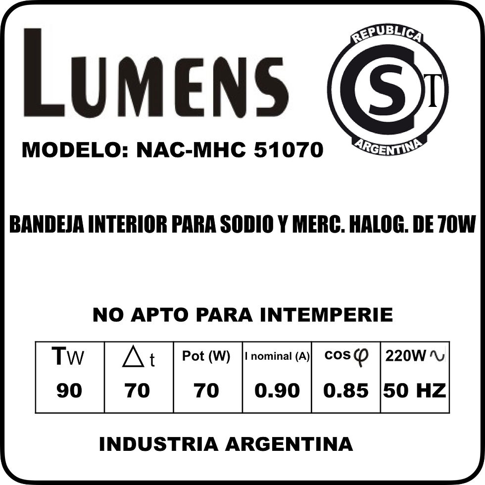 Miniatura: BANDEJA INTERIOR NA - MH DE 70W / NAC MHC 51070