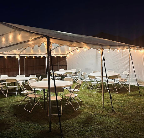 20x20 Tent with Round Tables and String Lights