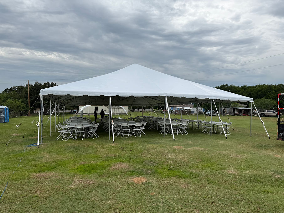 40x60 Tent with Round Tables and white plastic chairs