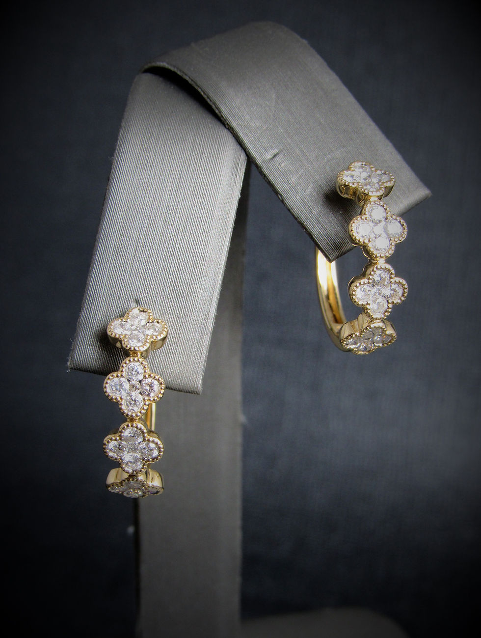 Thumbnail: 18KT Yellow Gold Diamond Clovers Hoop Earrings