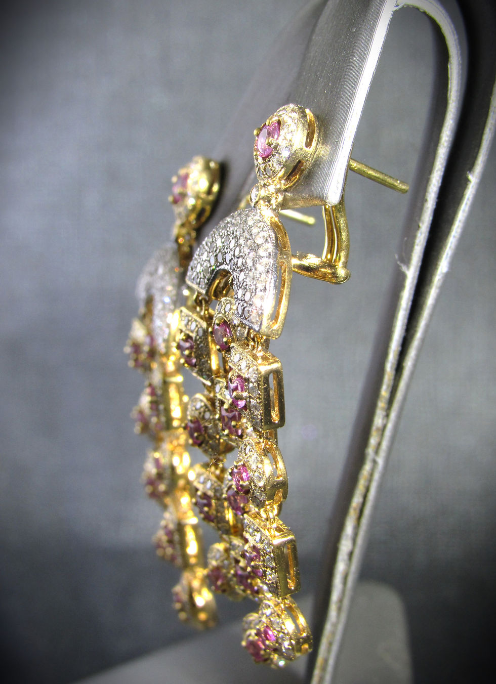 Thumbnail: 18KT Gold Diamond And Pink Sapphires Fancy Earrings