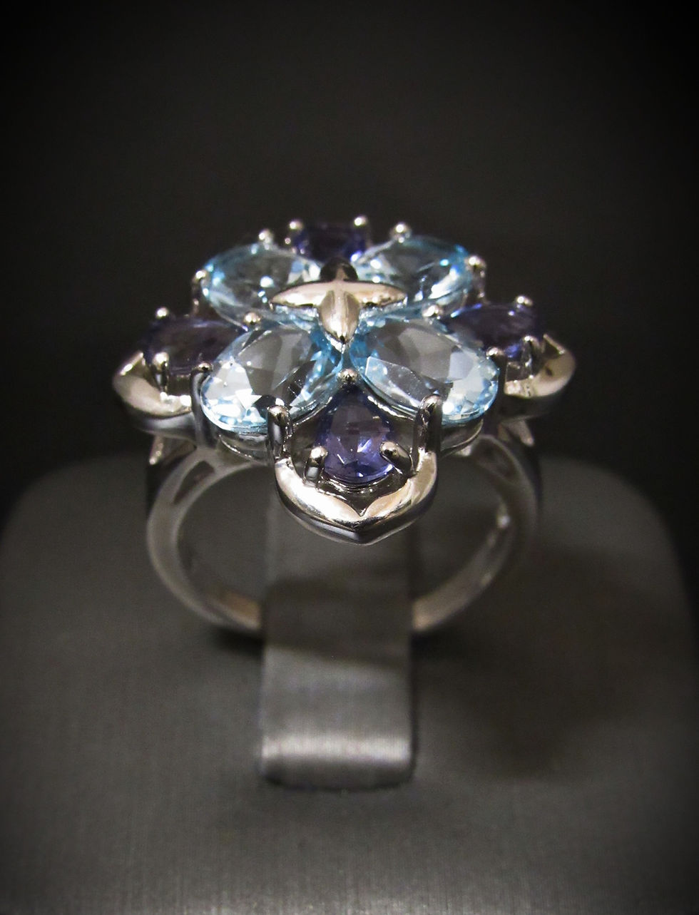 Thumbnail: Blue Topaz & Purple Iolite Clover 14KT Gold Plated Sterling Silver Ring