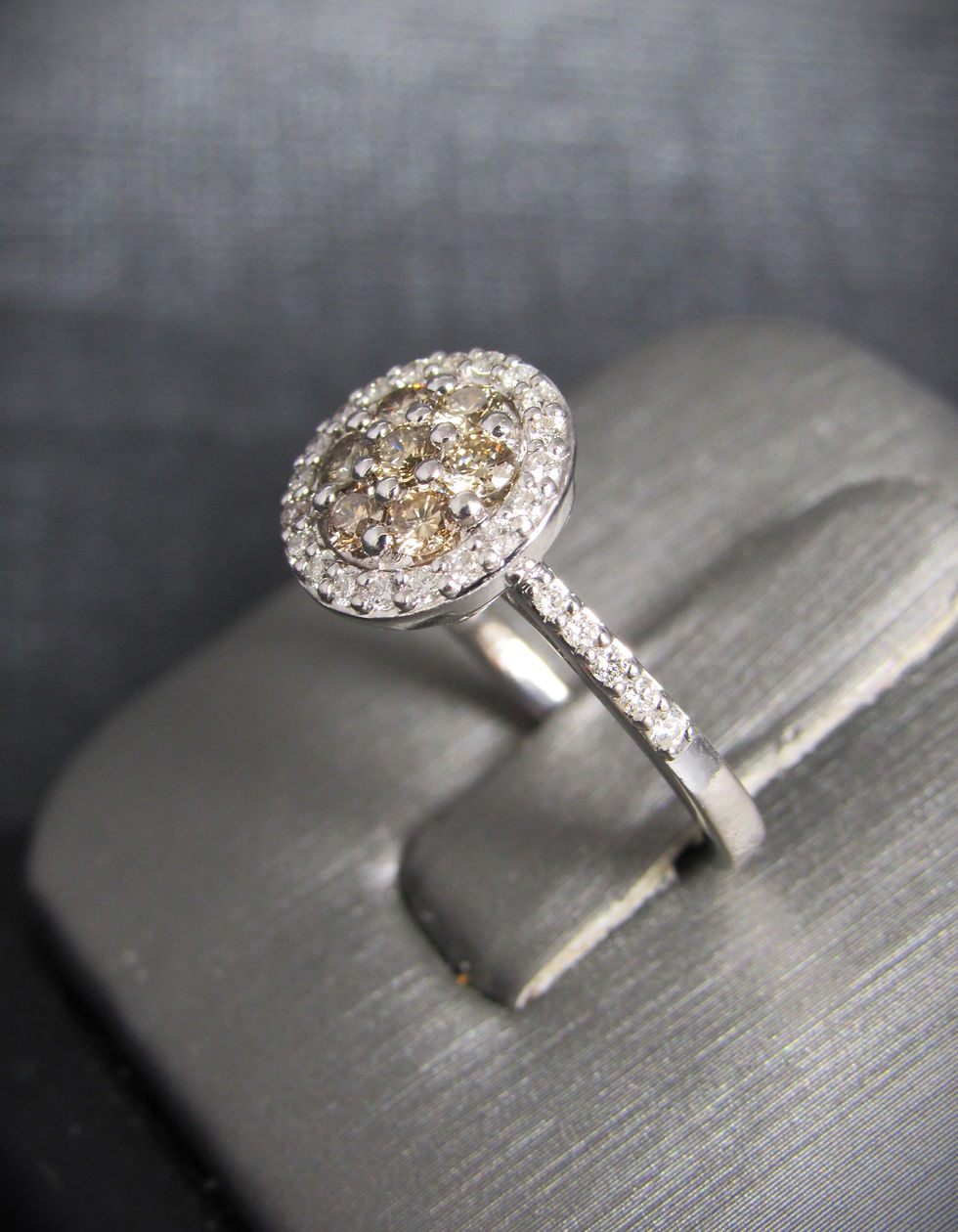 Thumbnail: 14KT White Gold Champagne And White Diamonds Pave Style Ring