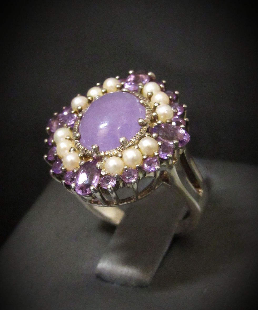 Thumbnail: Purple Jade, White Pearls, & Amethyst 18KT Gold Plated Sterling Silver Ring