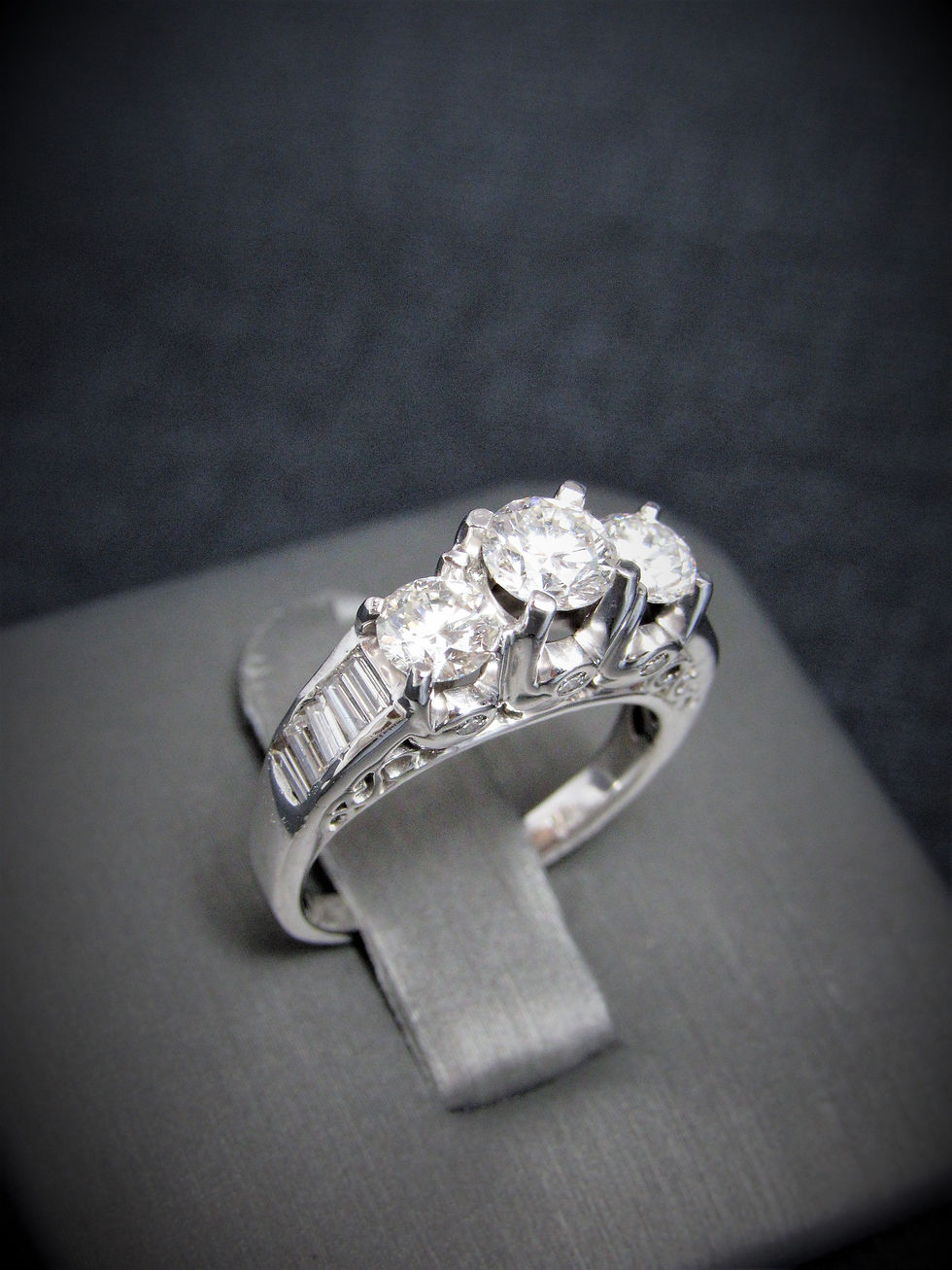 14KT White Gold Round Cut Diamond And Baguette Cut Channel-Set Engagement Ring