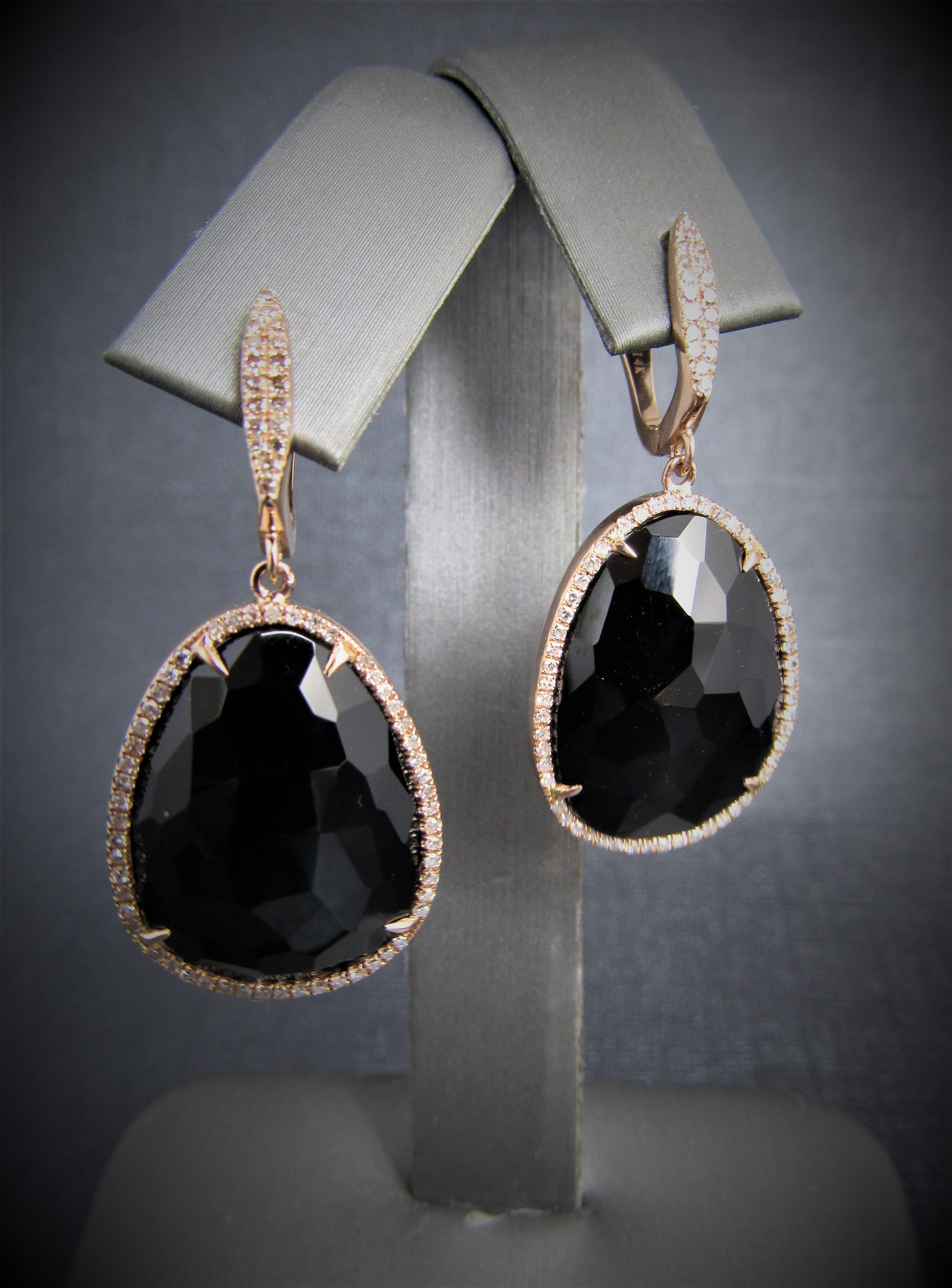 14KT Rose Gold Diamond And Black Onyx Earrings