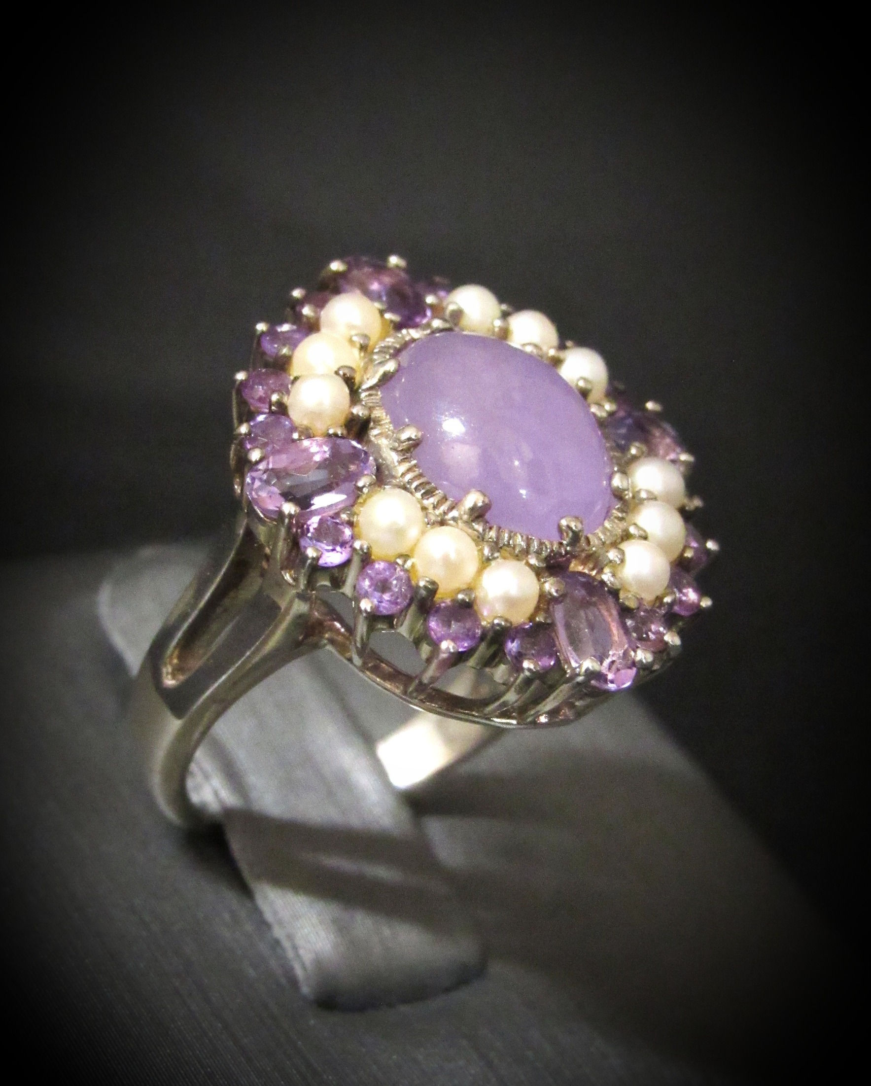 Purple Jade, White Pearls, & Amethyst 18KT Gold Plated Sterling Silver Ring