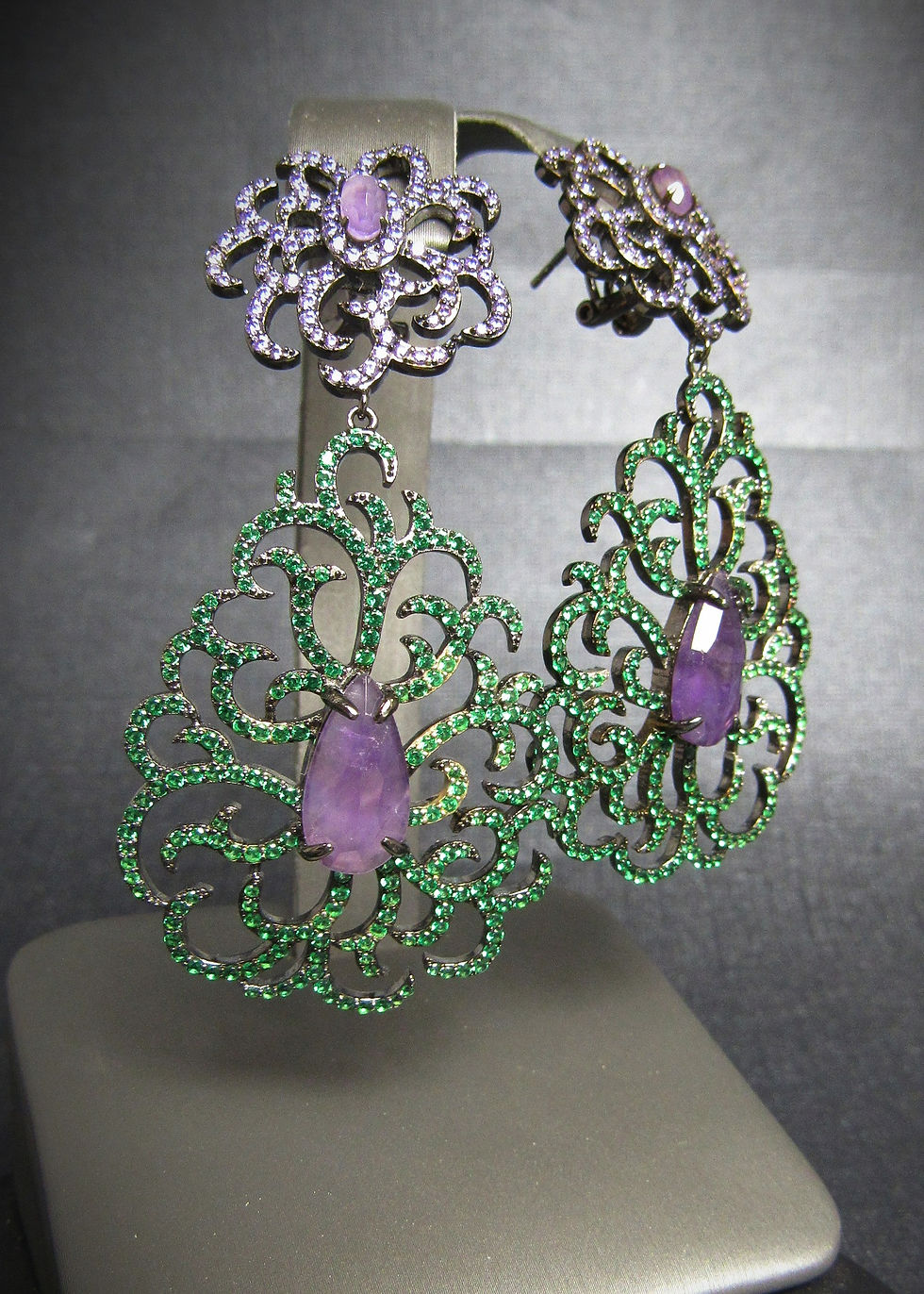 Thumbnail: Amethyst, Tsavorite Garnet, & Black Rhodium Plated Sterling Silver Earrings