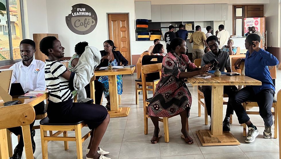 Teachers studying together in the Fun Learning Café of the Fun Learning Campus in Kigali, Rwanda.