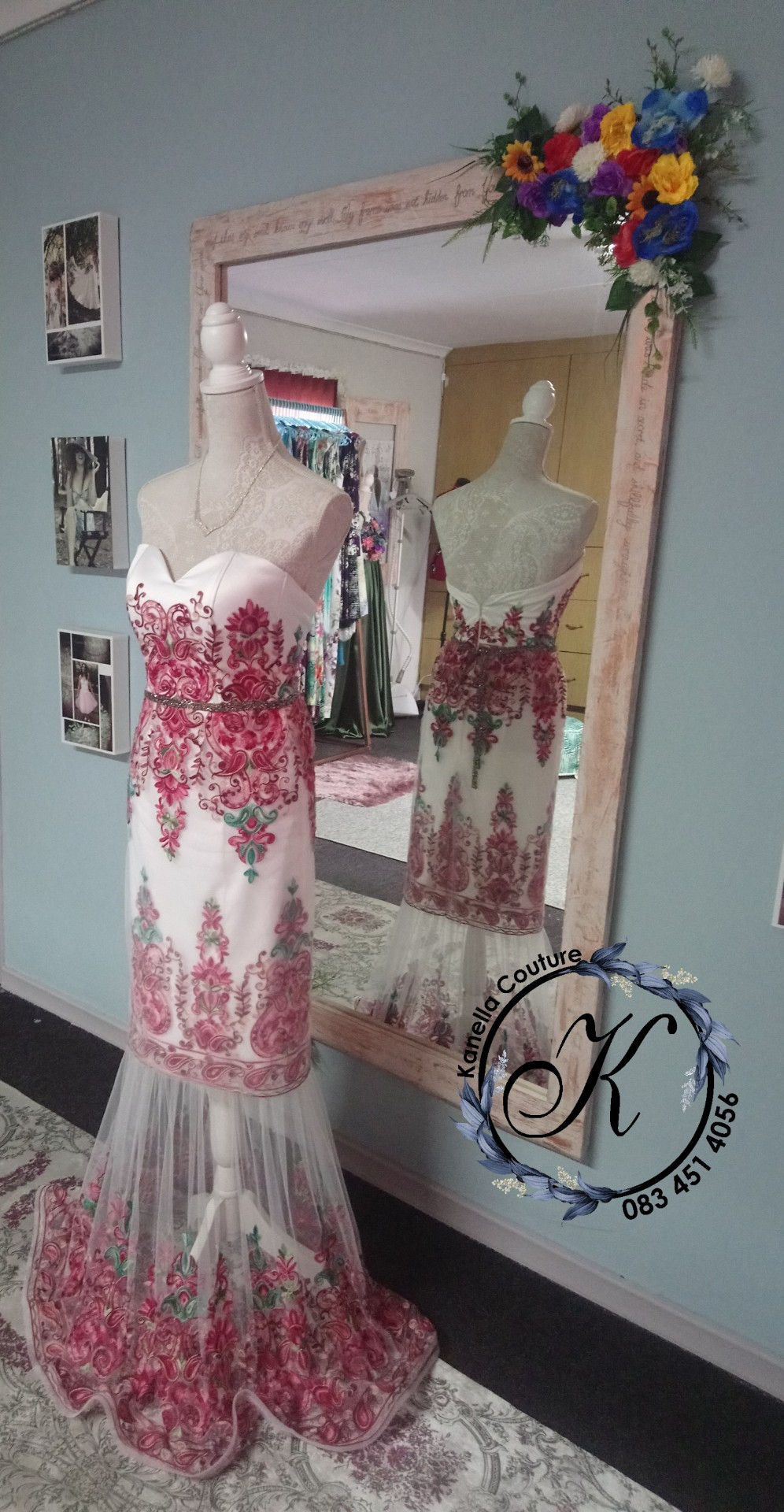 Ivory evening dress with lace detail