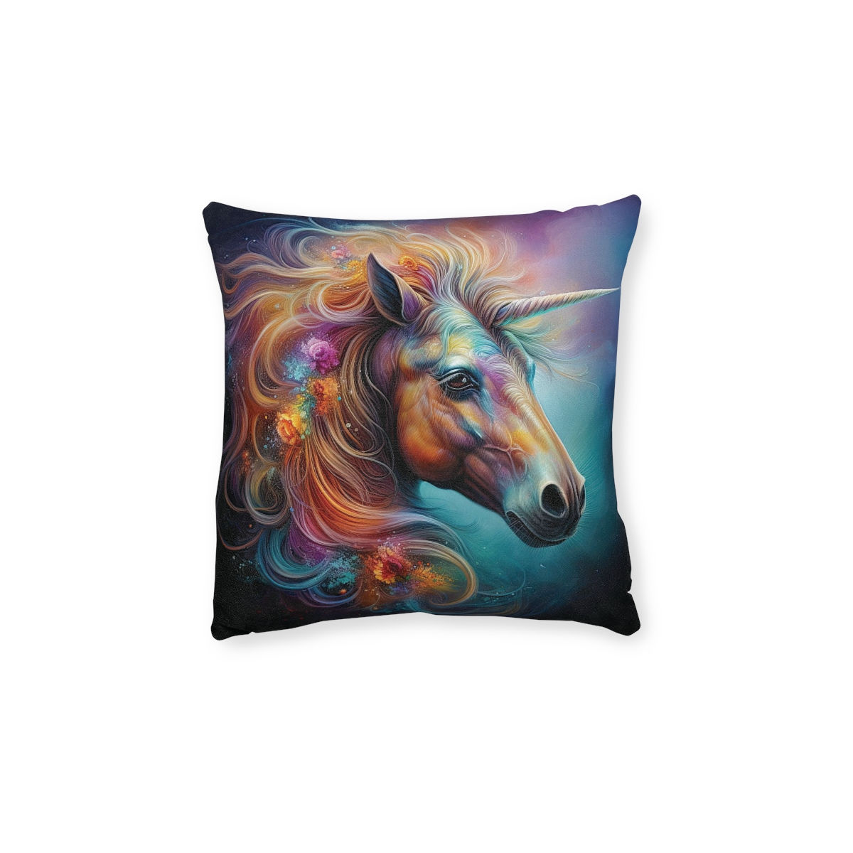 12" x 12" Square Pillow with a Vibrant Colourful AI Print of a Unicorn