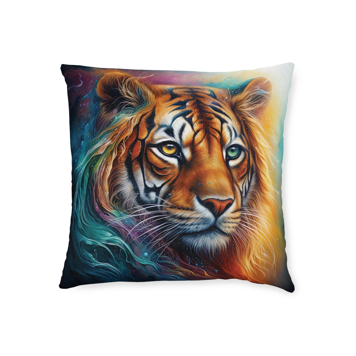 18" x 18" Square Pillow with a Vibrant Colourful AI Print of a Tiger