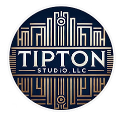Art Deco-style logo for Tipton Studio, LLC, featuring a geometric gold emblem with symmetrical lines and shapes, set against a rich blue background with white accents. The design reflects elegance and sophistication, evoking the glamour of the 1920s Art Deco era.