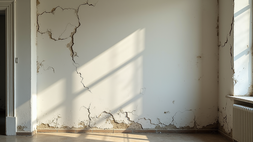 High angle view of a wall with visible cracks and peeling paint