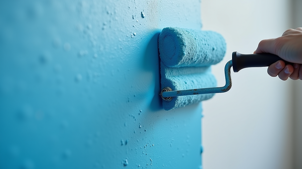 Close-up view of a paint roller applying blue paint on a wall