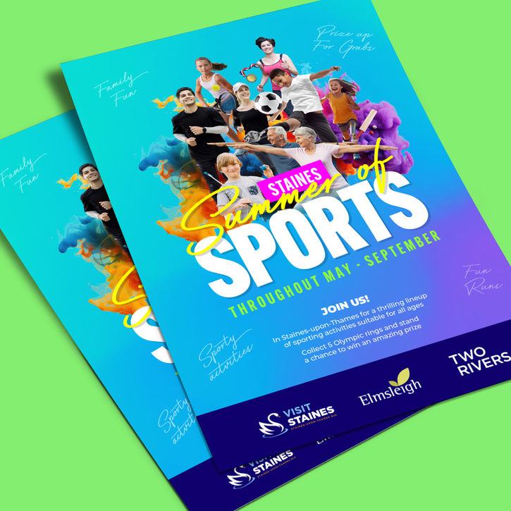 Printed posters and digital screen graphics promoting Summer of Sports in Staines, designed to increase footfall and visibility for local events.