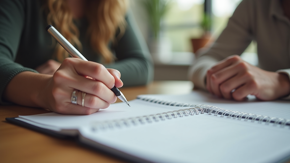 Close-up view of a wellness coach writing notes during a session