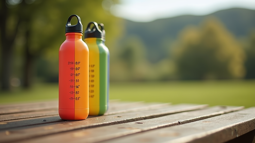 Close-up of a colorful water bottle with time markers on a picnic table
