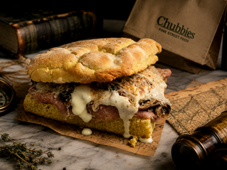 Handmade gourmet sandwich with slow-cooked meat, mushrooms, melted cheese and artisan bread at Chubbies Fine Street Food in Ioannina