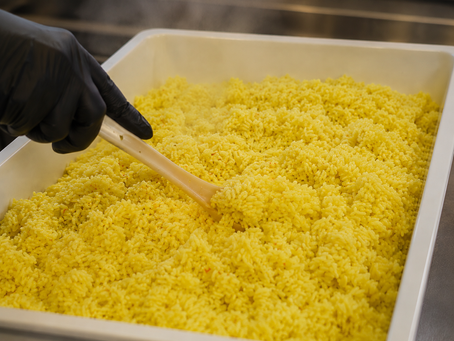 Fresh yellow rice prepared daily at Rice & Nice in Ioannina before every lunch service.