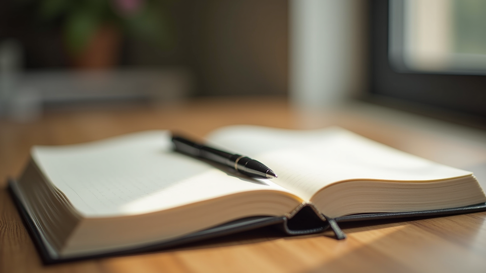 Close-up view of a journal and pen on a wooden table with soft natural light