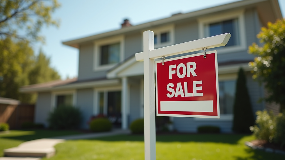 Eye-level view of a "For Sale" sign in front of a house