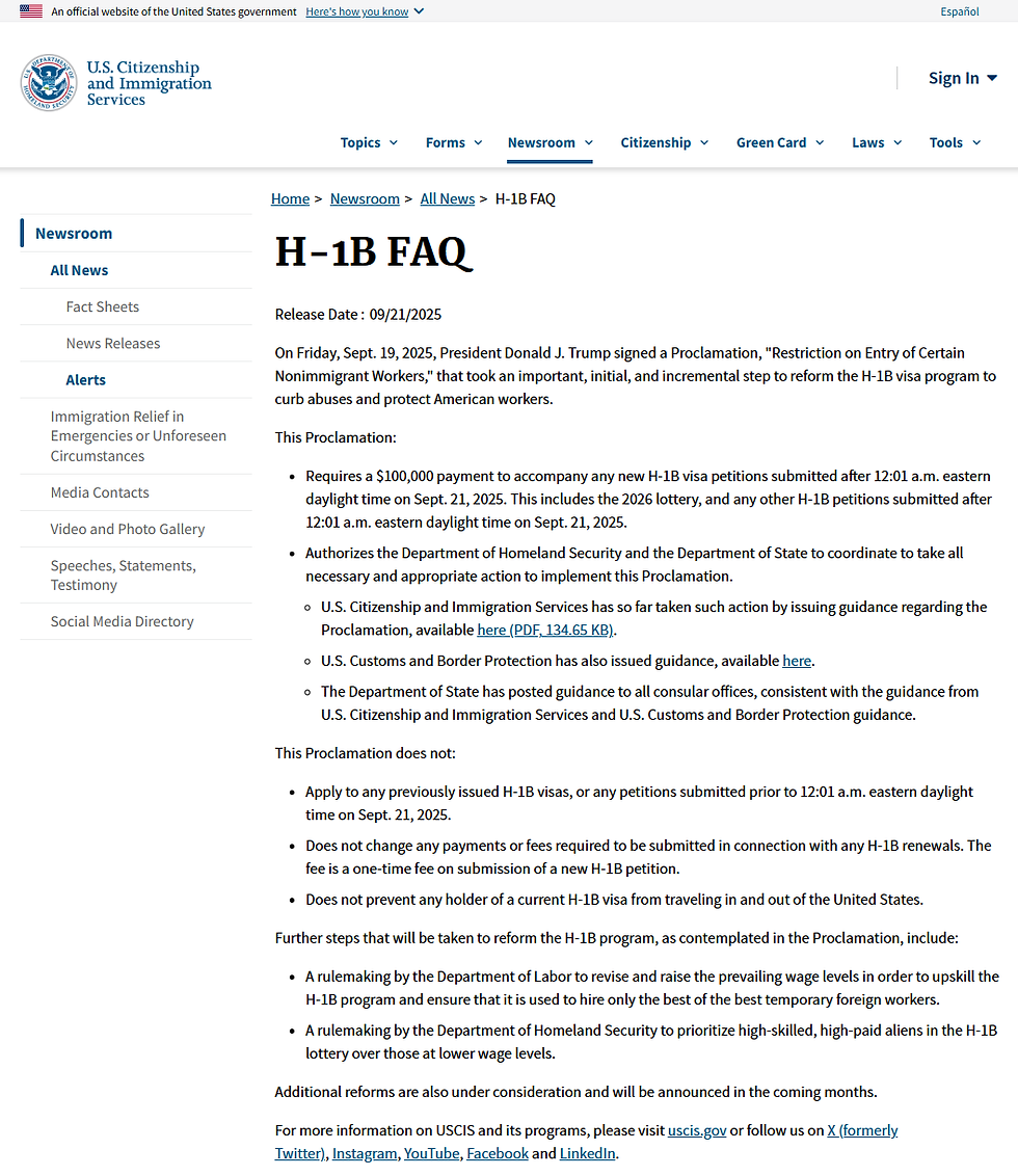 USCIS关于H-1B 10万美元支付要求的政策页面截图