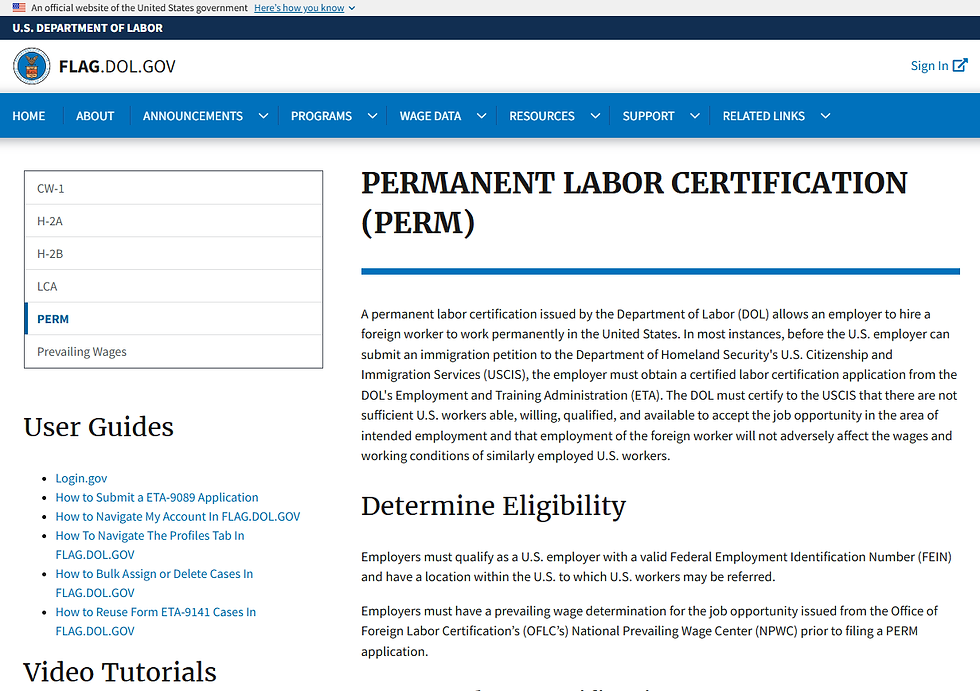 U.S. Department of Labor FLAG website showing the Permanent Labor Certification PERM program guidance