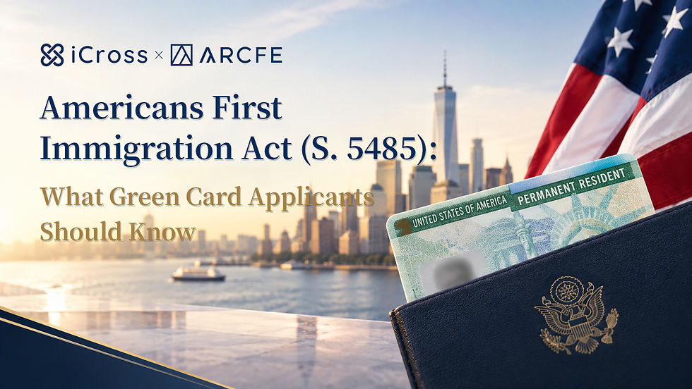 Americans First Immigration Act S. 5485 cover graphic with iCross and ARCFE branding, U.S. flag, green card, passport and New York skyline