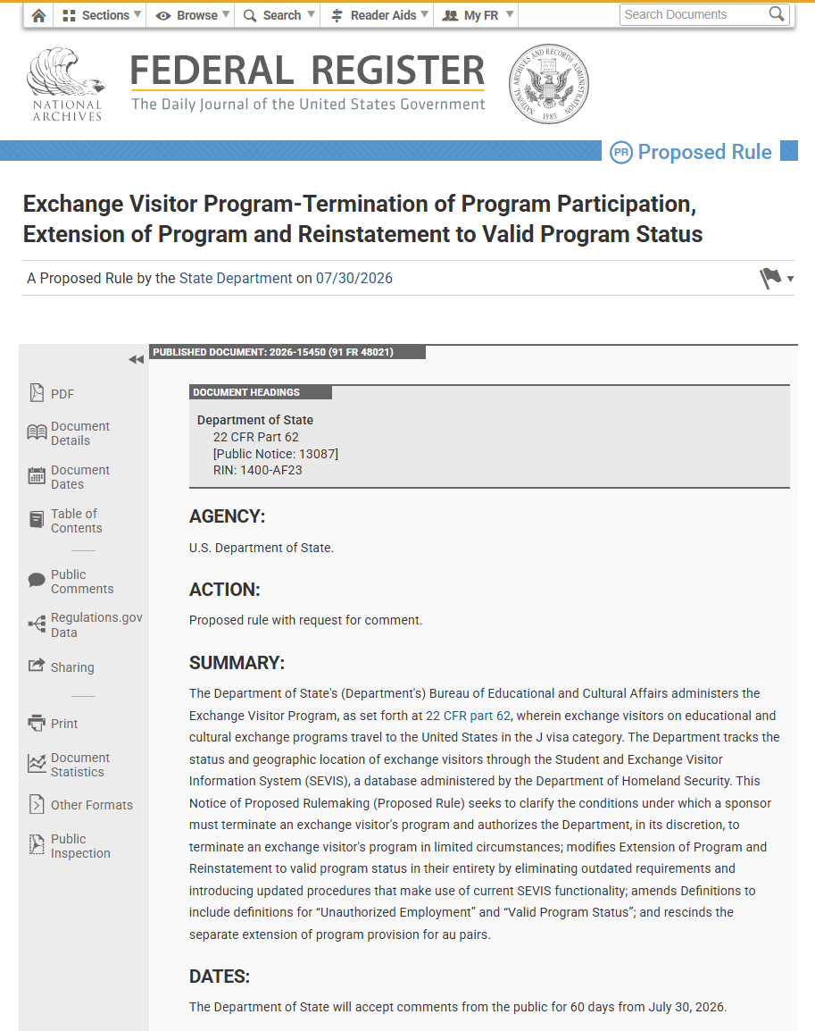 Federal Register proposed J-1 Exchange Visitor Program rule published on July 30, 2026