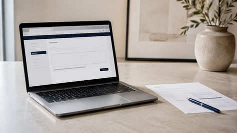 Online immigration application displayed on a laptop beside a paper filing document