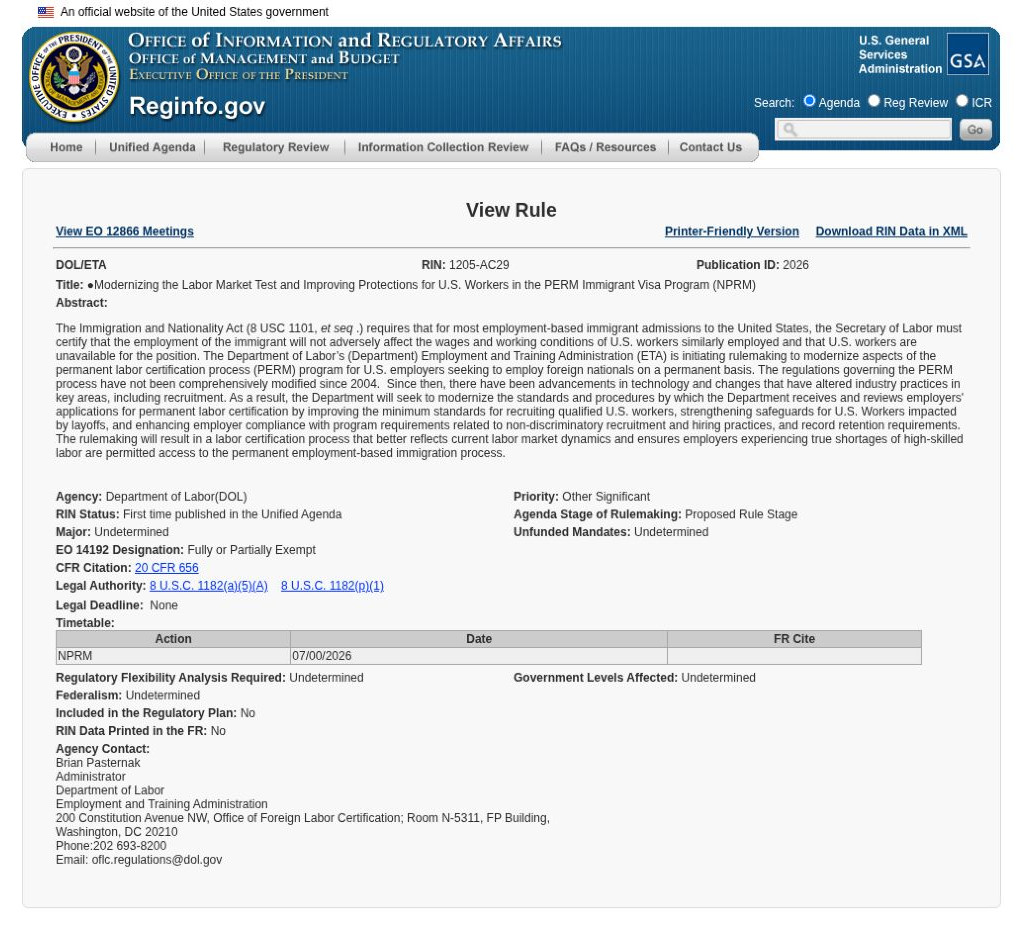 DOL regulatory agenda entry for PERM modernization, RIN 1205-AC29, listing recruitment, layoff and employer compliance priorities