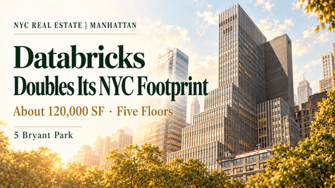 Databricks NYC expansion cover: warm daylight AI illustration of 5 Bryant Park with English text noting about 120,000 square feet across five floors.