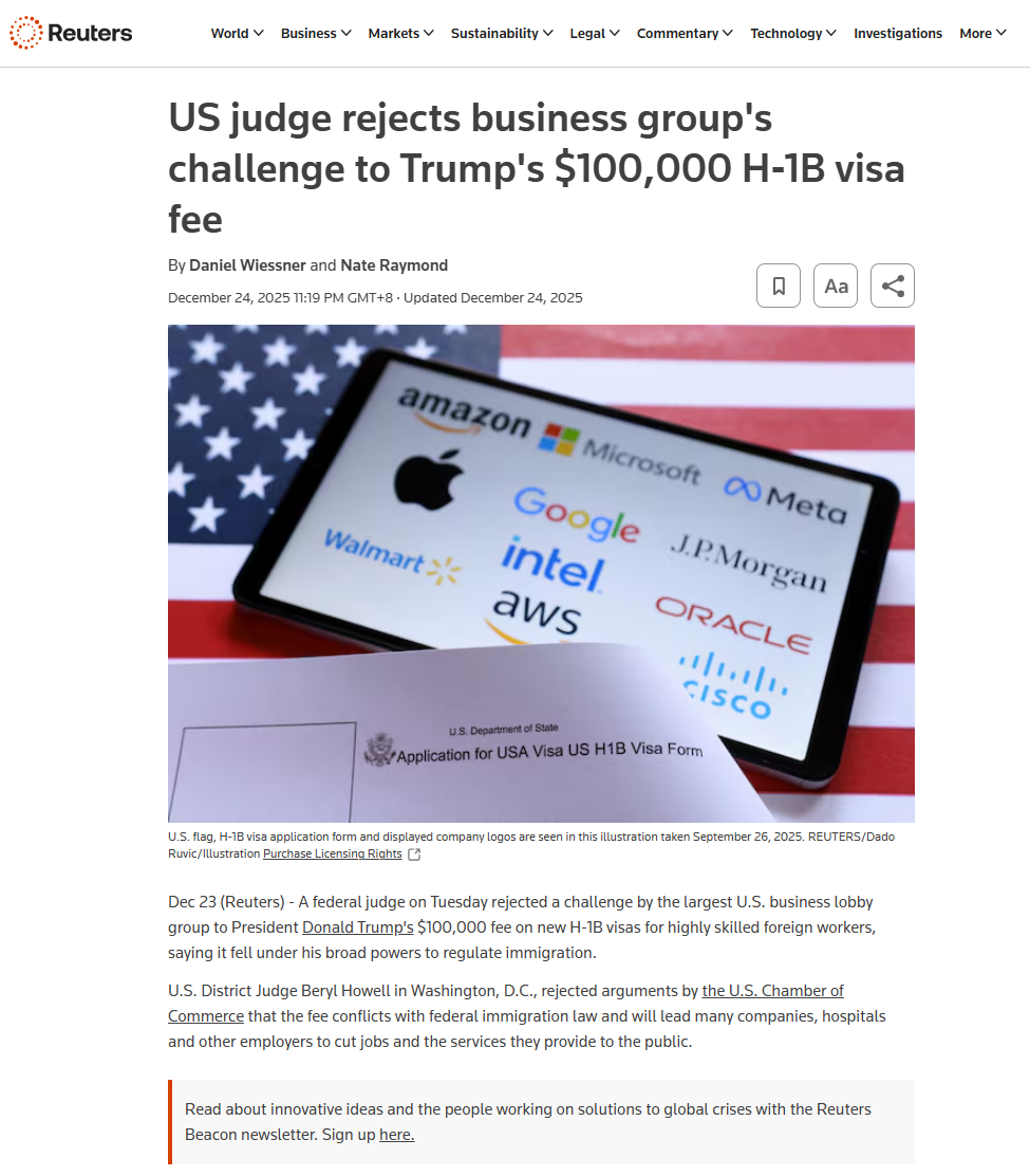 USjudge rejects business group's challenge to Trump's $100,000 H-1B visa fee