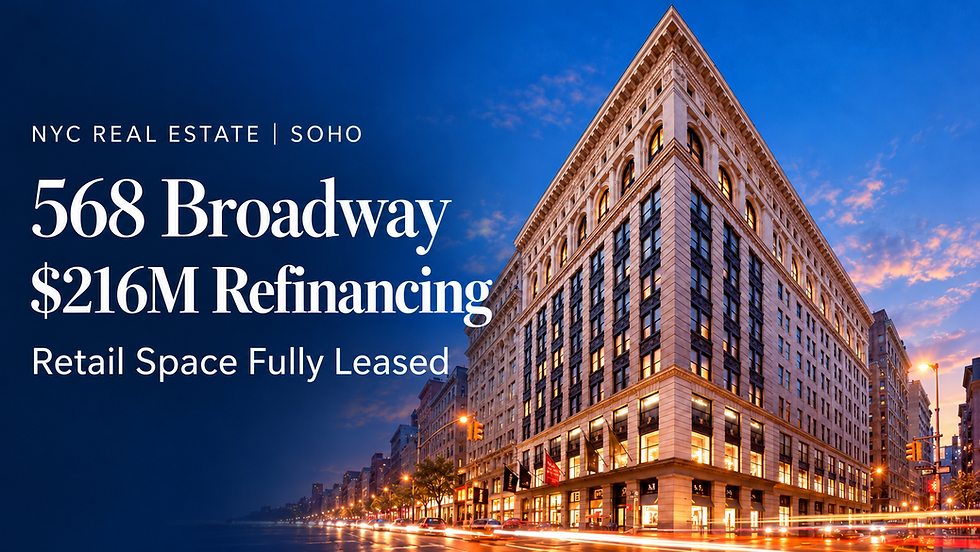568 Broadway refinancing news cover: AI illustration of the SoHo corner building with English text announcing $216M refinancing and fully leased retail space.