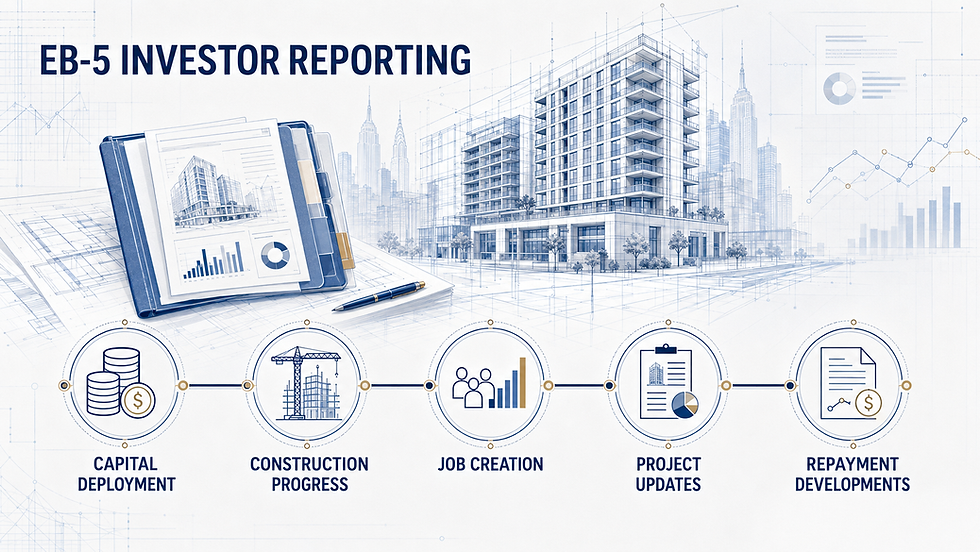 EB-5 investor reporting covering capital deployment, construction progress, job creation, project updates, and repayment developments.